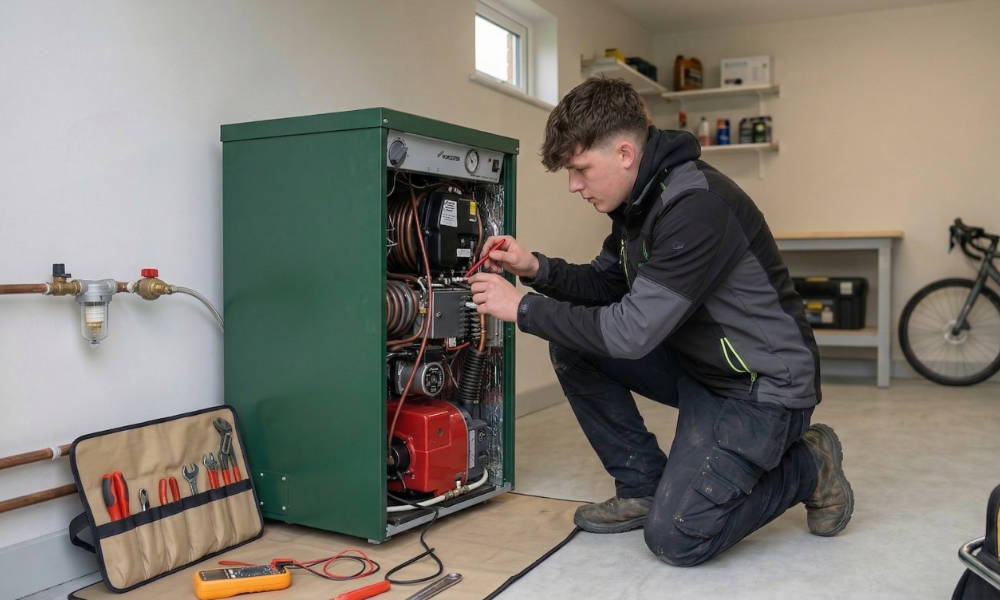 An oil fired boiler engineer fixing a boiler in Magerafelt, mid-ulster.