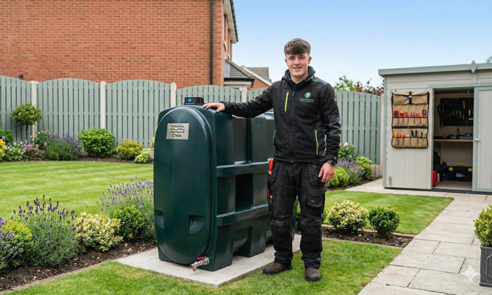 A new oil tank installed in a garden by a qualified engineer in Magherafelt. 