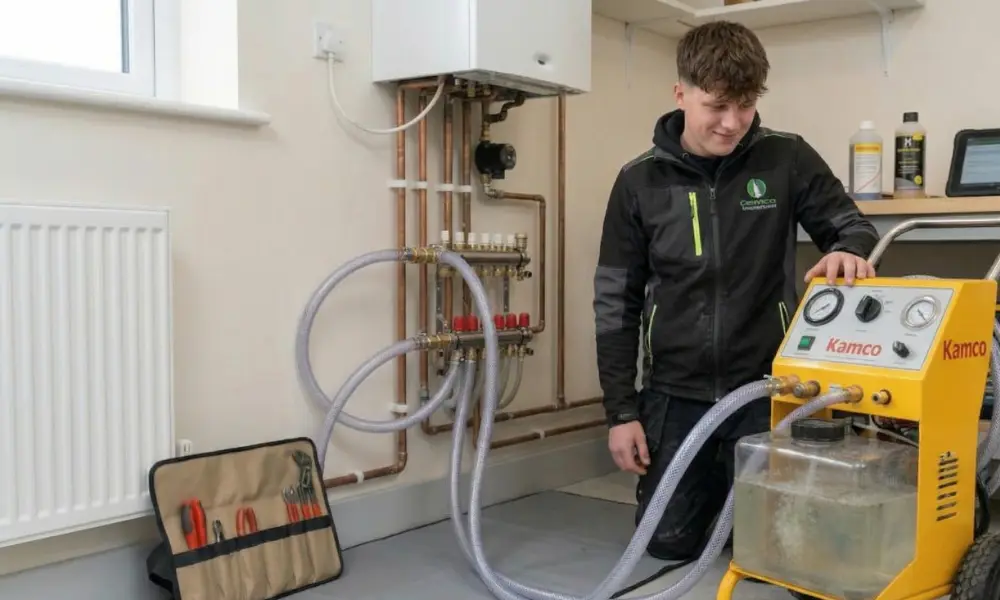 A plumber flushing a central heating system in Magherafelt using the Kamco Powerflush system.