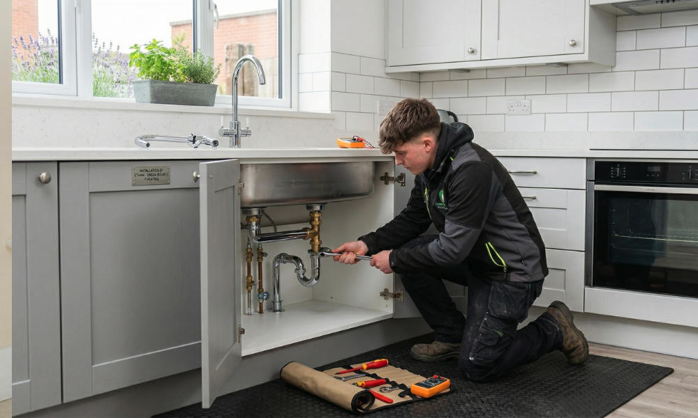 A plumber in Magherafelt performing general plumbing job in a domestic kitchen.